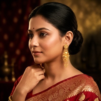 Traditional 22K Gold Floral Designer Long Drop Earrings Traditional 22K Gold Floral Designer Long Drop Earrings