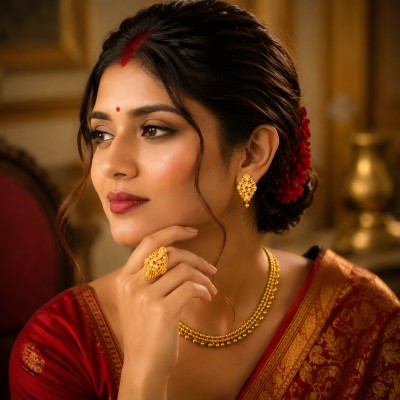 Traditional Gold Floral Designer Ring with Red Stone